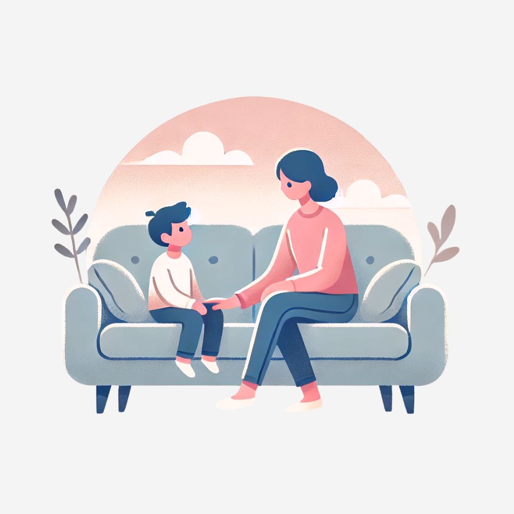 Un mère et son enfant discutant sur un divan